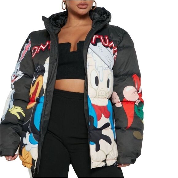 Members Only Looney Tunes What’s Up Doc? Puffer Jacket Black Combo Large NWT - Picture 1 of 15
